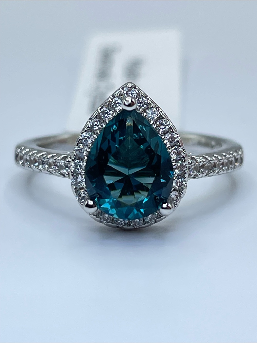 Swarovski Crystal Elements Teal Blue Crystal Pear Halo Ring Size 6.5